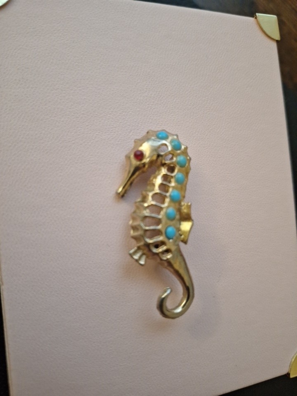 2" Vintage Gold Seahorse Brooch with Turquoise and Red Accents